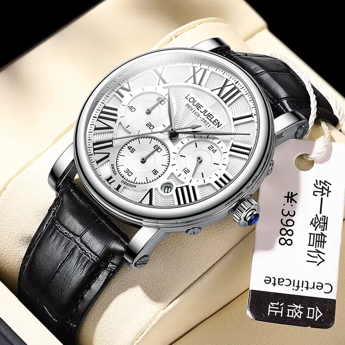 Montre pour hommes affaires haut de gamme bracelet en cuir véritable multi fonctionnel trois yeux étanche mâle mode montres à Quartz