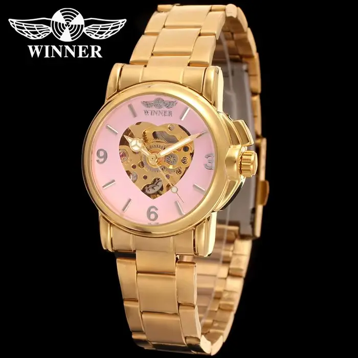 Winner – montre-bracelet automatique et mécanique pour femmes, avec cœur, squelette doré, entièremen