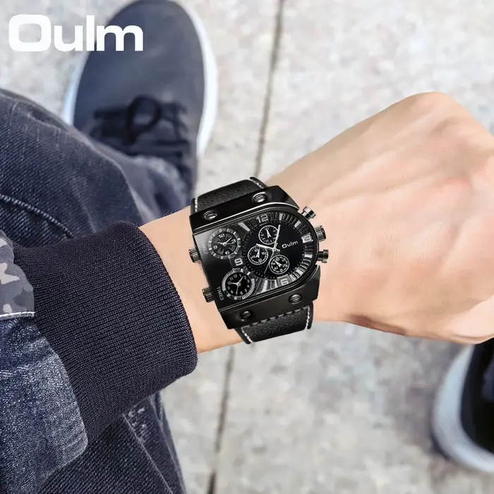 Oulm 9315 montre à trois fuseaux horaires bracelet en cuir décontracté montres pour hommes conception Unique Sports de plein air montre-bracelet mâle horloge