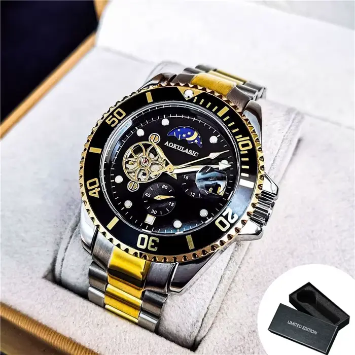 Tourbillon Phase de lune squelette montres mécaniques lunette rotative cadran lumineux luxe automati