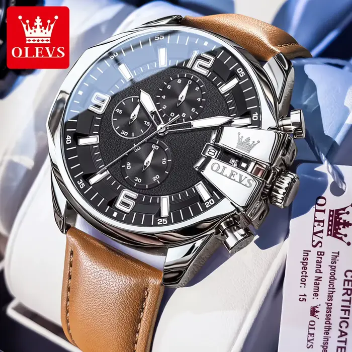Montre OLEVS 2978 pour homme, mouvement à quartz, cadran chronographe lumineux HD, bracelet en cuir,