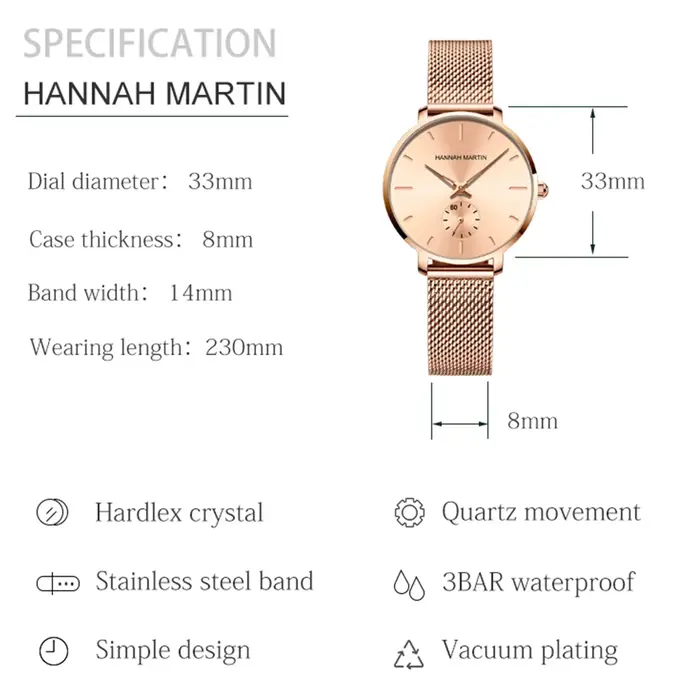 HANNAH MARTIN marque femmes montre cadran en or Rose 33mm bracelet en maille d'acier inoxydable décontracté mode