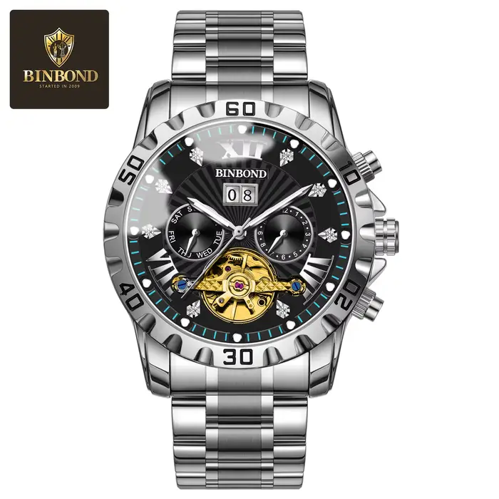 BINBOND mode montre mécanique automatique pour hommes de luxe Tourbillon squelette montre-bracelet e