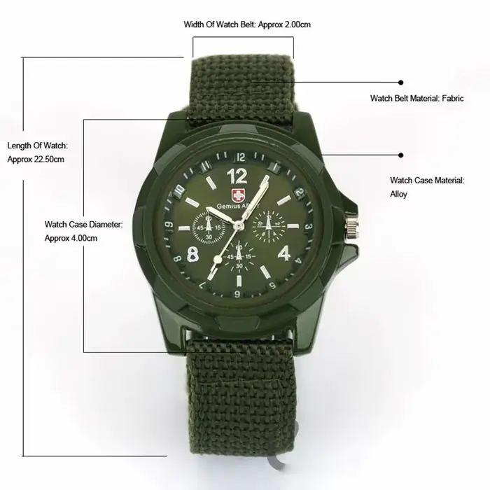 Montre JBAILI Vert Armée Style Militaire et Sportif Bracelet Nylon Hommes Occasions Spéciales