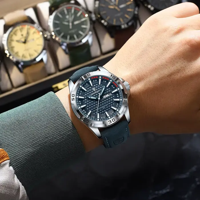 POEDAGAR Original homme montre-bracelet haut de gamme étanche lumineux Date semaine montre pour hommes Quartz Sport cuir