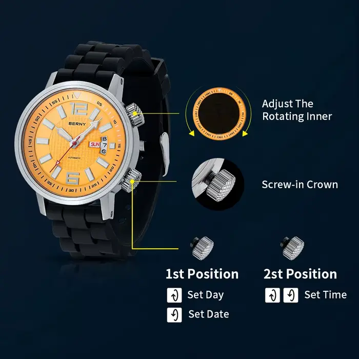 BERNY 20ATM plongeur montre mécanique automatique pour hommes Super lumineux étanche natation plongée montre-bracelet saphir auto-remontage