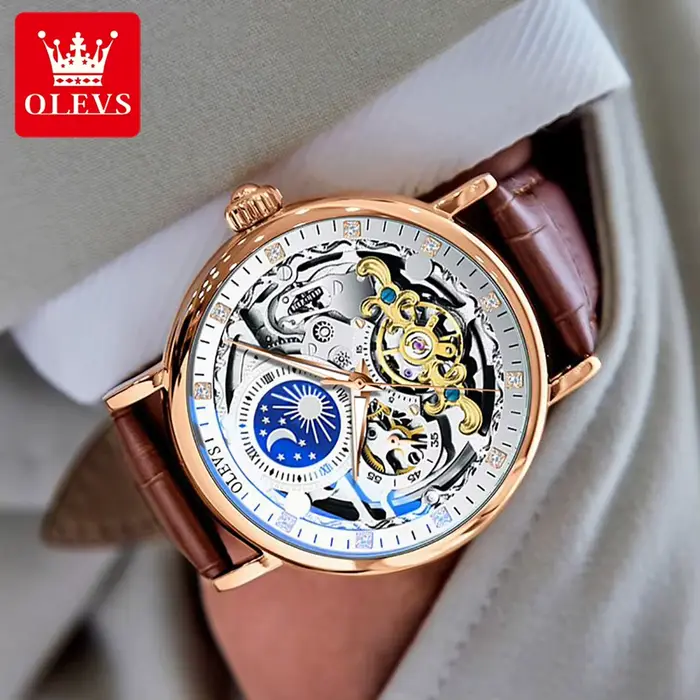 Montre mécanique OLEVS luxe avec tourbillon squelette phase de lune pour homme cuir résistant à l'eau occassions spéciales