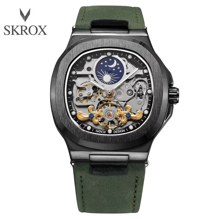 2025High-end luxe SKROX carré homme montre saphir Tourbillon acier squelette Phase de lune mouvement