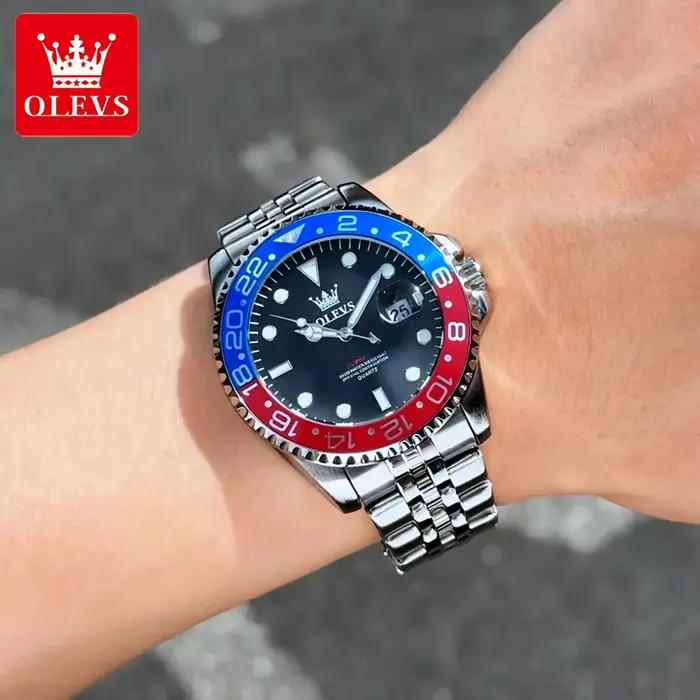 Montre-bracelet OLEVS en acier inoxydable lumineuse pour homme avec grande date et résistance à l'eau pour occasions spéciales et tenues formelles