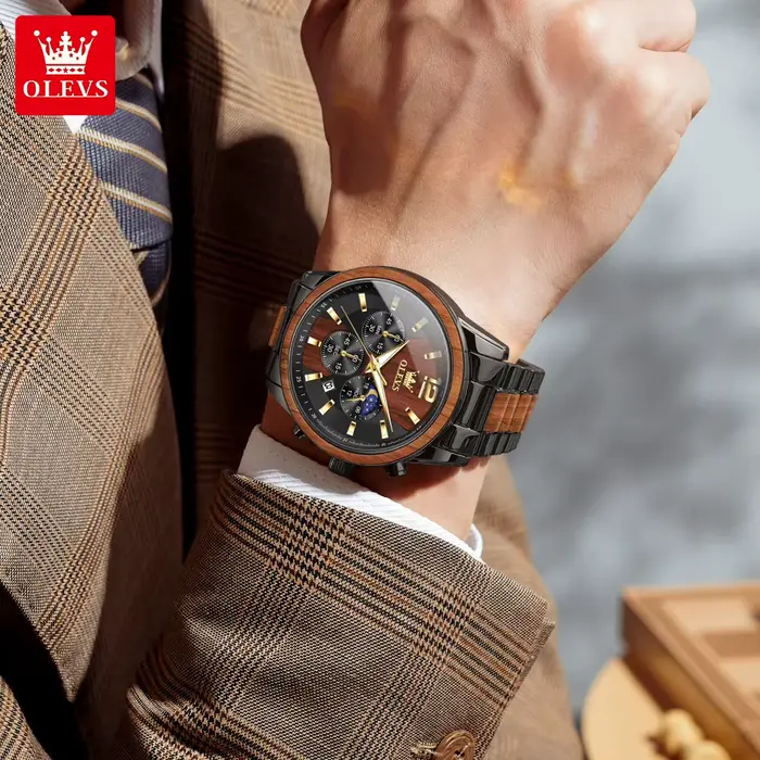 Montre en bois multifonctionnelle OLEVS avec chronographe, calendrier complet et indication de la phase de la lune pour homme style fashion et casual occasions spéciales