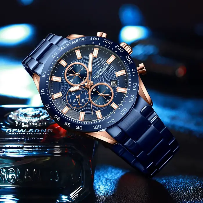 Montre-bracelet CRRJU chronographe avec date automatique pour hommes robuste et élégant occasion sportive ou quotidienne