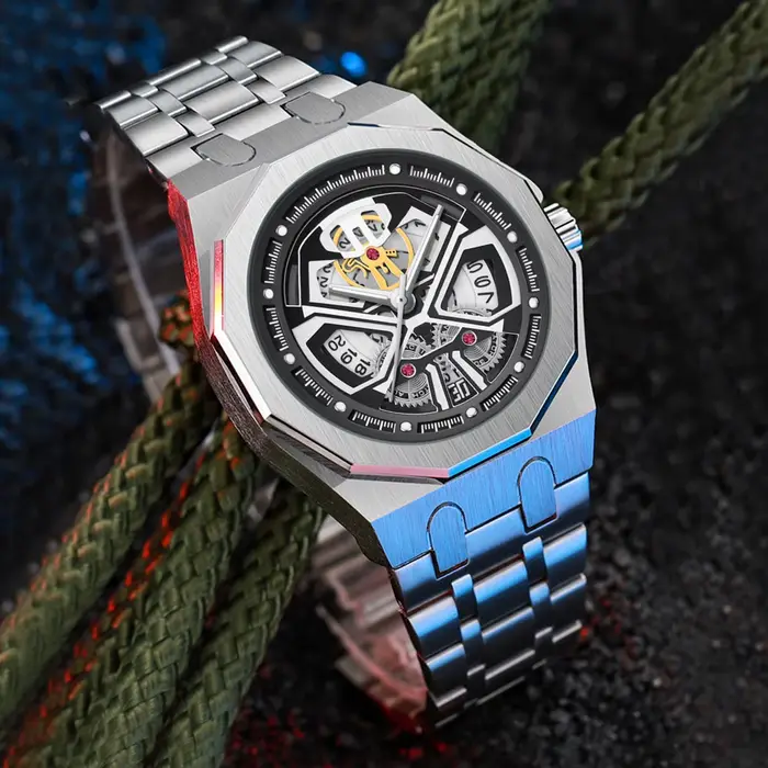 Montre-bracelet vintage PINTIME avec cadran engrenage et aiguilles rectangulaires pour homme occasions spéciales et quotidienne