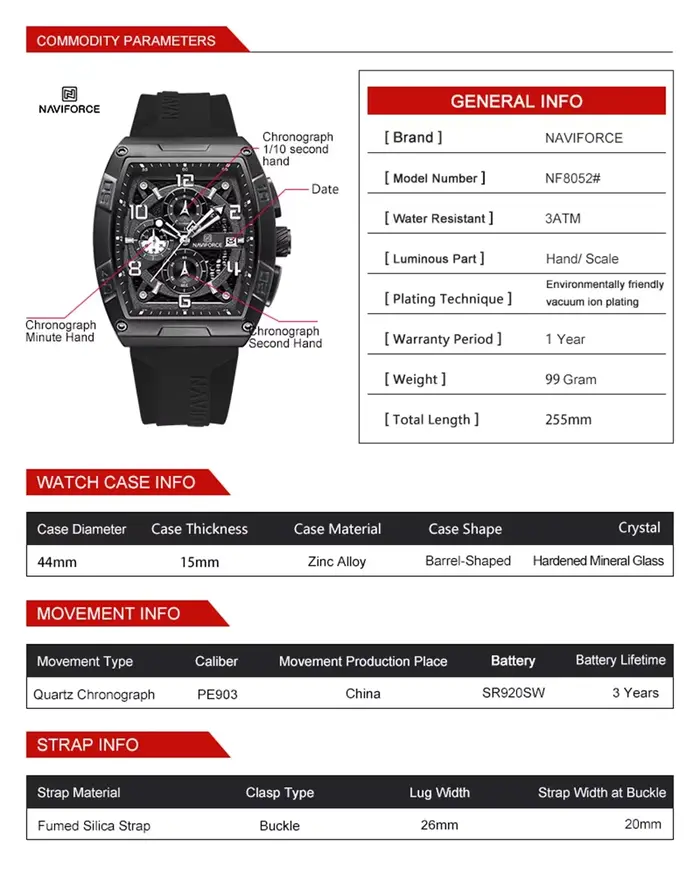 Montre-bracelet militaire chronographe à quartz étanche pour homme