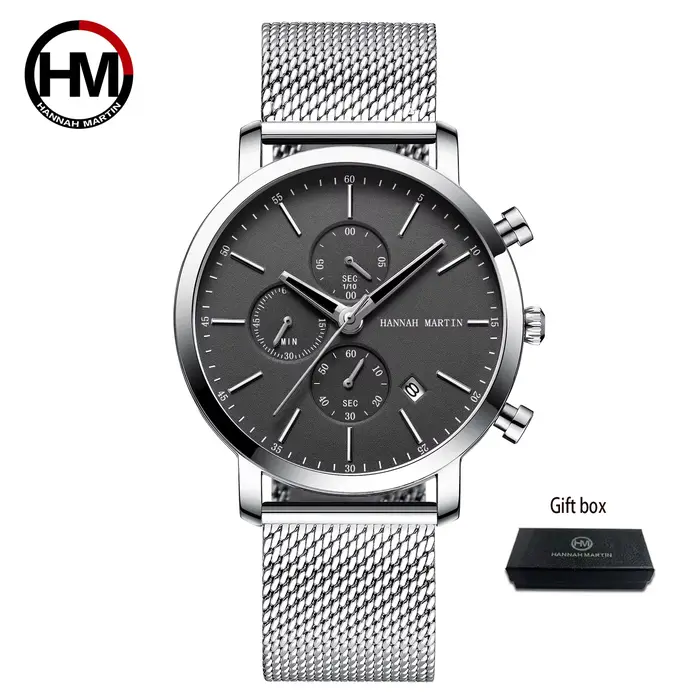 Hannah Martin sport multifonctionnel hommes montre de sport cadran noir en acier inoxydable étanche 