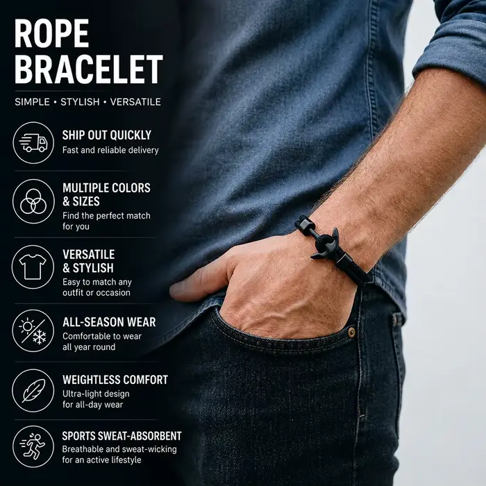 Bracelet Ancre en corde nautique personnalisable pour homme, styles hip-hop et rock, cadeau idéal pour occasions spéciales
