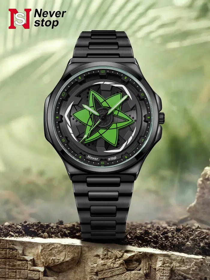 Montre à bracelet en acier pour hommes – Style Cool noir, cadran tendance rotatif, cadeau de vacance