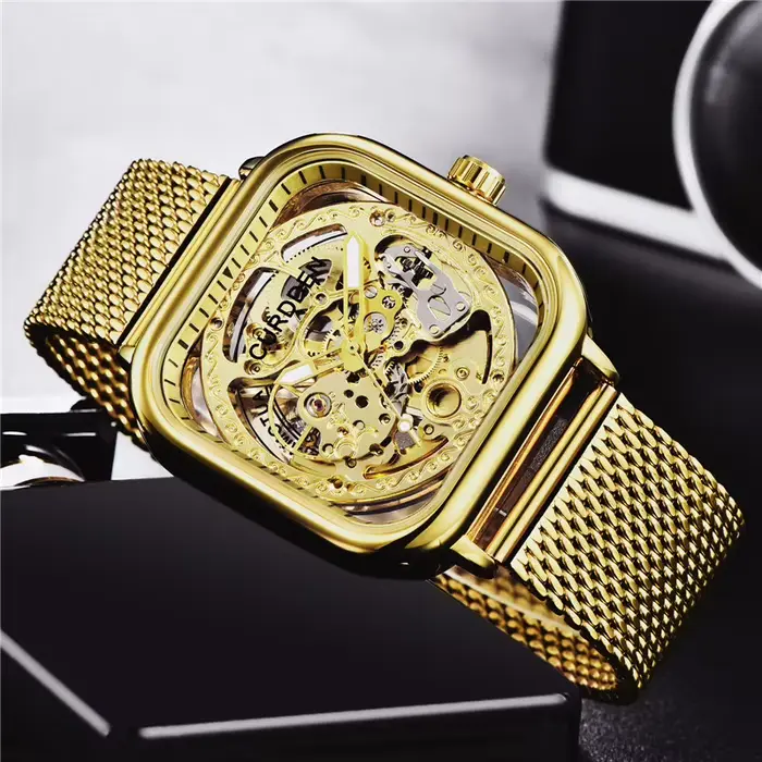 CURDDEN marque montres pour hommes mode bracelet en acier inoxydable doré évider automatique montre mécanique Relogio Masculino Ouro