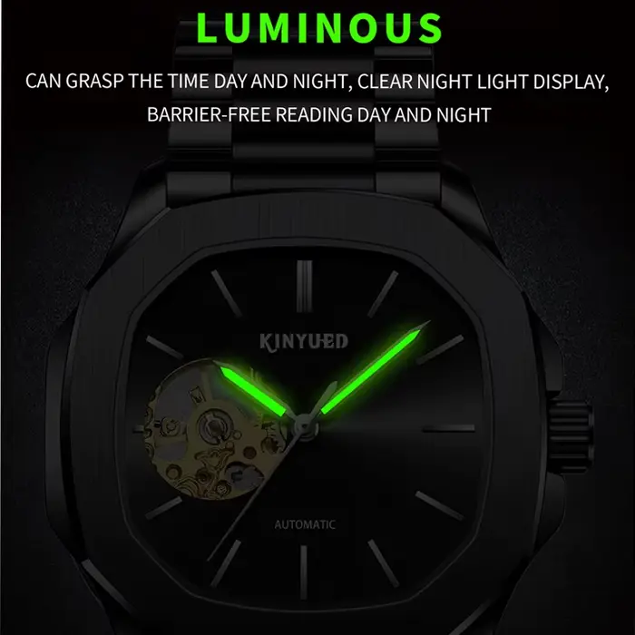 Montre KINYUED Mécanique Hommes Luxe Acier Inoxydable Squelette Tourbillon Résistante À L'Eau Occasions Spéciales