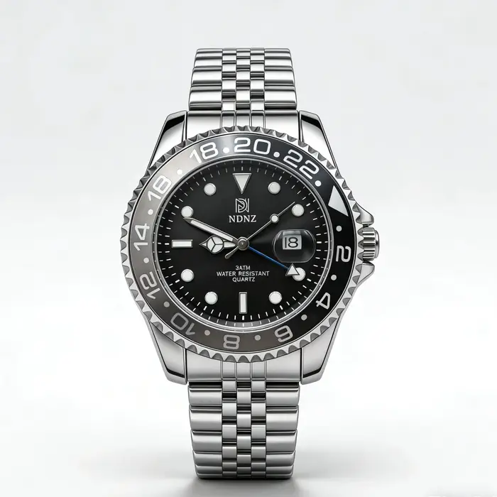 Montre à quartz NDNZ GMT avec lunette rotative 24H, bracelet en acier inoxydable, résistante à l'eau pour homme occasions spéciales