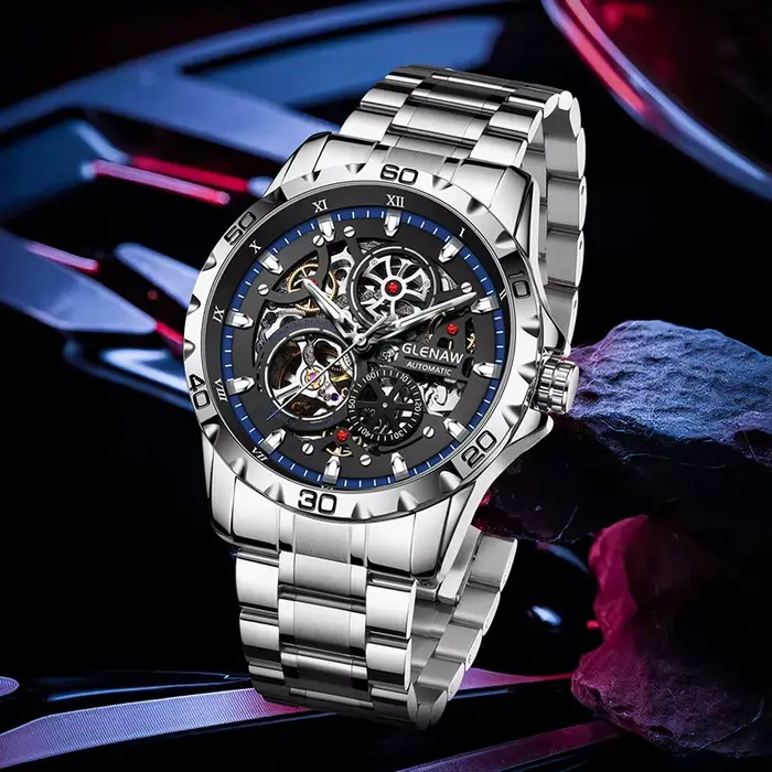 GLENAW Steampunk squelette montre pour hommes anneau de luxe automatique montres mécaniques lumineux étanche bracelet