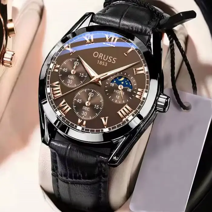 ORUSS montre à Quartz de luxe pour hommes cadran romain aiguilles lumineuses bracelet en cuir étanch