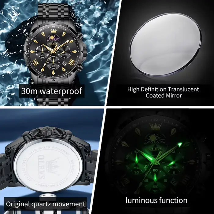 Montre homme OLEVS à Quartz avec affichage lunaire, résistance à l'eau et design élégant pour toutes occasions