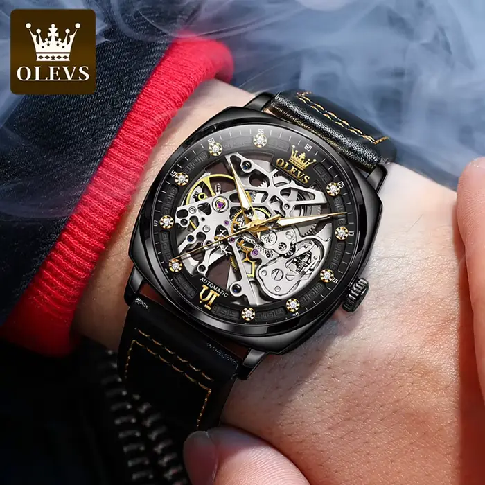 OLEVS 6651 montre automatique pour hommes bracelet en cuir entièrement creux montre-bracelet homme