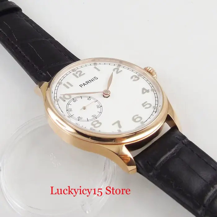 Montre-bracelet Parnis or rose à remontage manuel avec cadran blanc pour homme occasions spéciales et cadeaux élégants