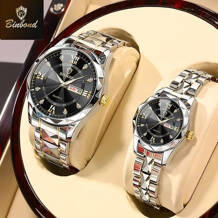 BINBOND 2 pièces/ensemble Couple montres 30M étanche mode diamant saint valentin cadeau en acier inoxydable montre