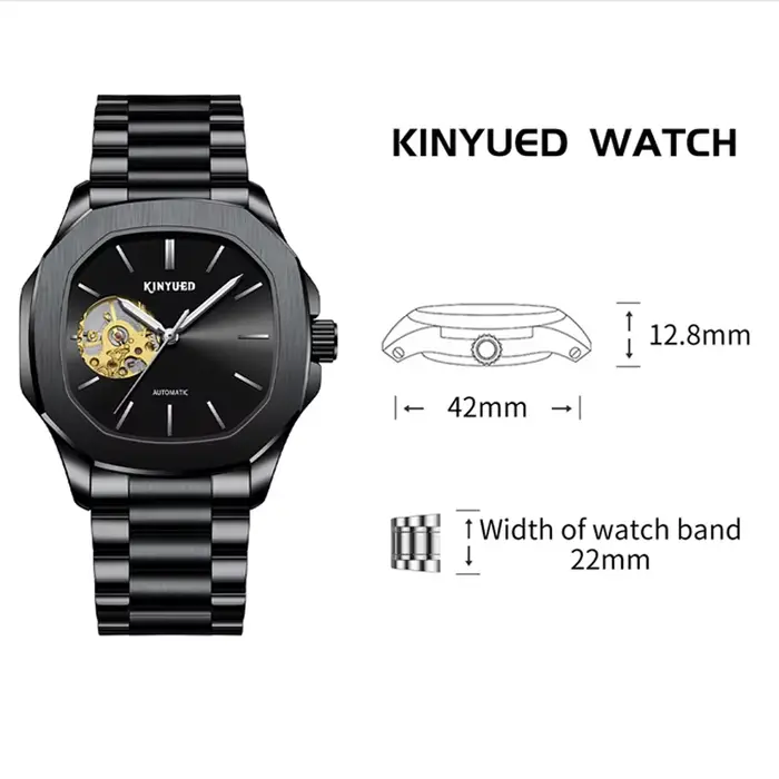 Montre KINYUED Mécanique Hommes Luxe Acier Inoxydable Squelette Tourbillon Résistante À L'Eau Occasions Spéciales