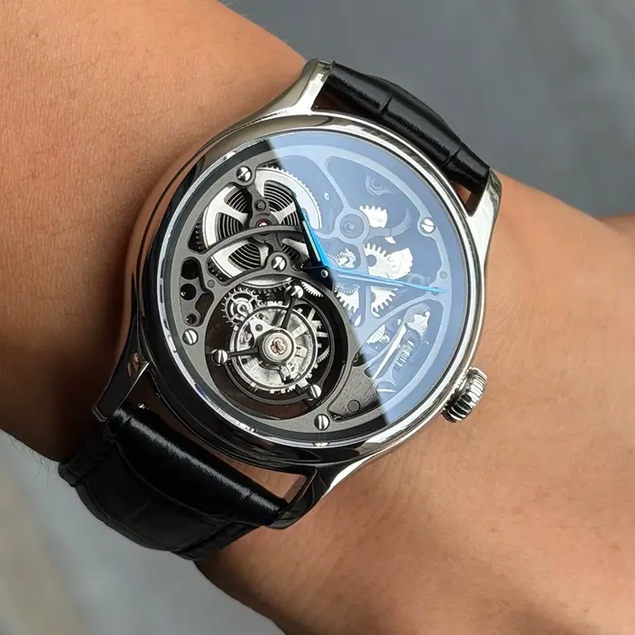 Montre Mékur Tourbillon Squelette 100% Hommes Acier Inoxydable Cuir Bracelet Élégante Occasions Spéciales