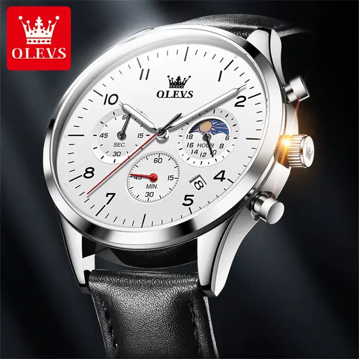 Montre OLEVS Phase de Lune Quartz Hommes Cuir Étanche Calendrier Lumineux Occasions Spéciales