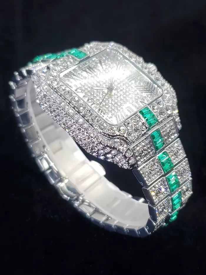 Montre à Quartz pour hommes luxueux montres en diamant vert pour homme glacé Hip Hop brillant calendrier Durable