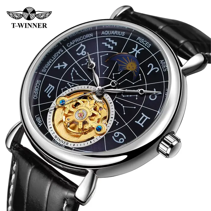 Montre de luxe pour hommes, 12 Constellations, Phase de lune, Tourbillon, mouvement automatique, hor