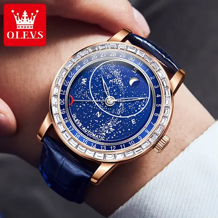 Montre homme Olevs 9923 phase de lune cadran ciel étoilé aiguilles des secondes rotatives lunette sertie de diamants montre mécanique automatique lumineuse homme occasions spéciales