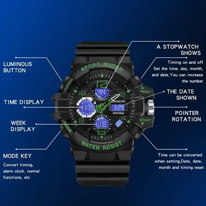 Montre SANDA en plastique avec affichage numérique-analogique résistante à l'eau pour hommes aventuriers occasions spéciales
