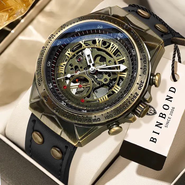 Montre-bracelet mécanique automatique vintage BINBOND pour homme