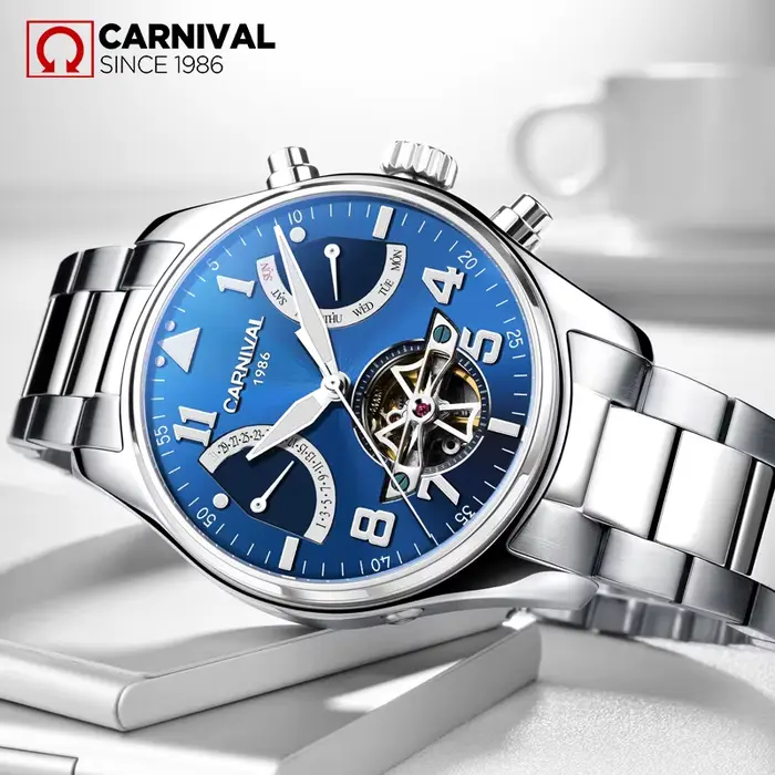 Montre mécanique Carnaval Tourbillon automatique saphir lumineuse avec calendrier complet et affichage de la semaine pour hommes occassions spéciales