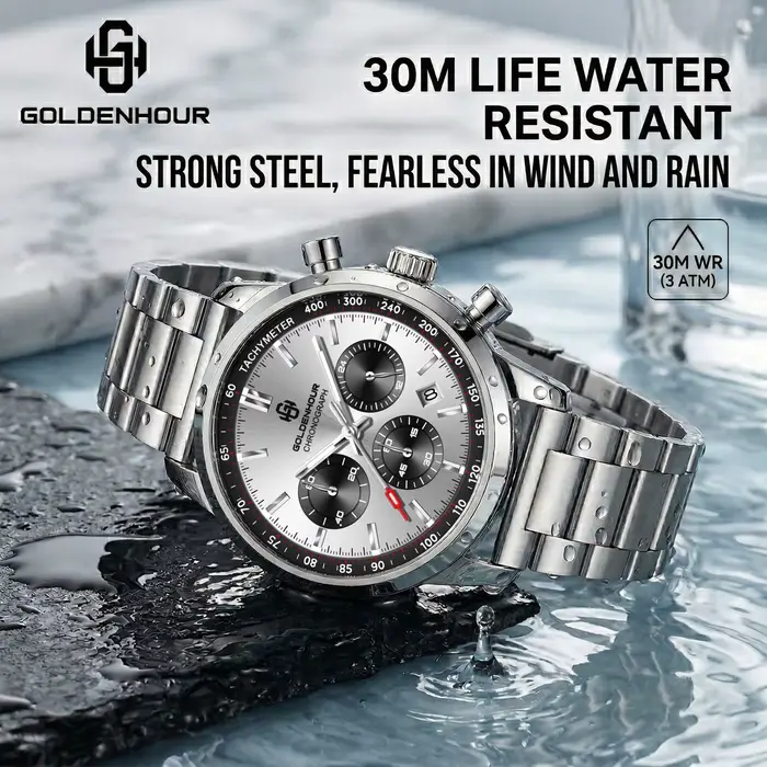 Montre GOLDEN HOUR en acier inoxydable avec fonction chronographe lumineuse et résistance à l'eau pour homme occasions spéciales et mode décontracté