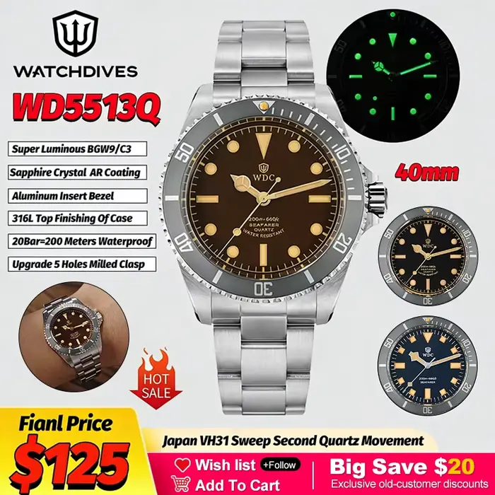 Watchdives WD5513Q Montres de plongée pour hommes VH31 Montres-bracelets à quartz AR Sapphire 20Bar Montre vintage étanche en acier inoxydable