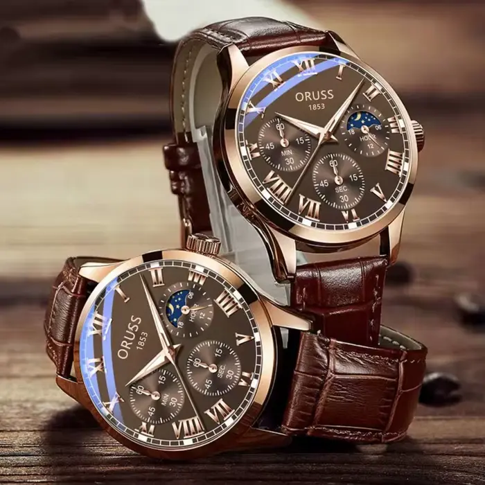 Montre en alliage avec bracelet en cuir résistant à l'eau pour hommes cadran romain aiguilles lumineuses occasions spéciales
