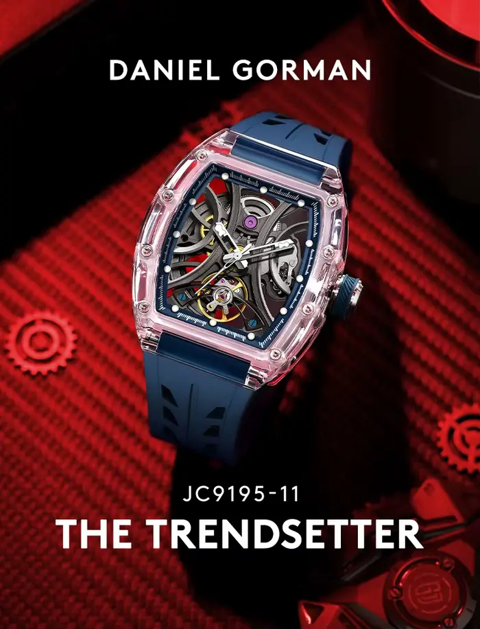 Montre-bracelet mécanique Daniel Gorman 2026 Tonneau automatique pour hommes d'affaires avec cadran ajouré en cristal lumineux cadeau occasionnels spéciaux