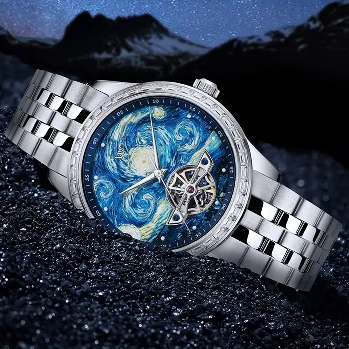 WM Watch Montre mécanique squelette étanche avec cristal saphir et boîtier en acier inoxydable