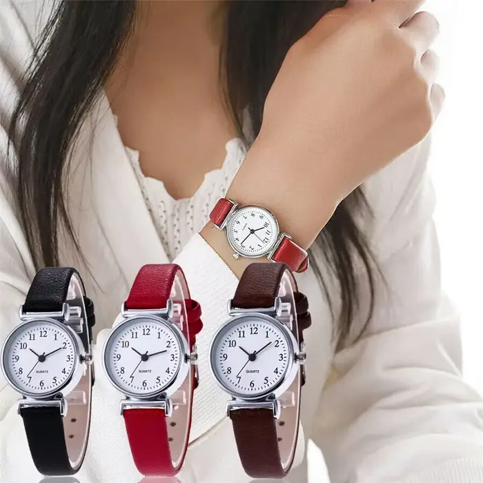 2021 Montres classiques pour femmes Noir Rouge Casual Quartz Bracelet en cuir Montre rétro Ronde Analogique Horloge Montres-bracelets pour dames