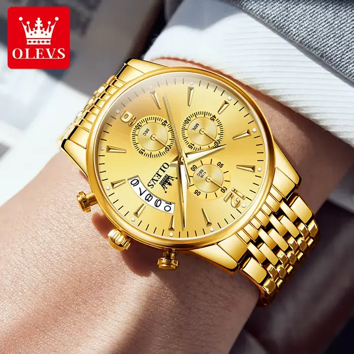 Montre de sport OLEVS en acier inoxydable avec mouvement Quartz, fonctionnalités chronographe et calendrier complet, résistante à l'eau, pour homme occassions sportives et mode