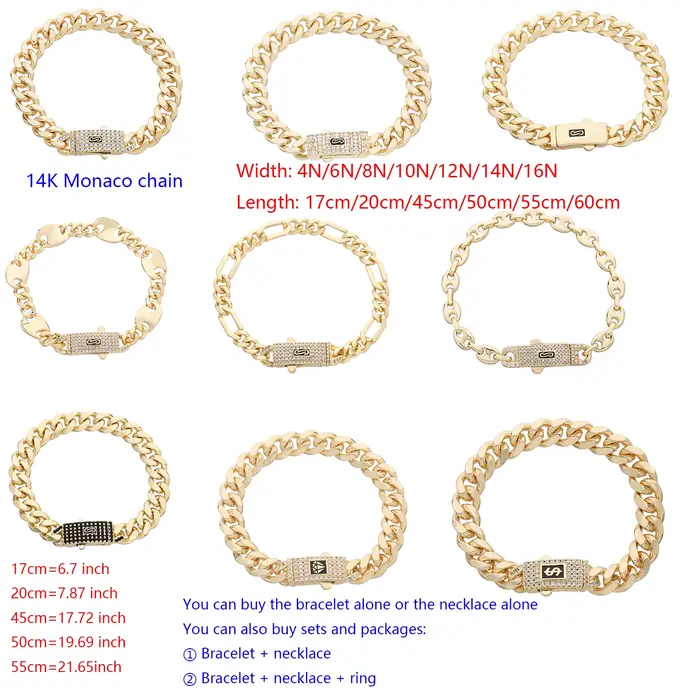 Bracelet Monaco en laiton plaqué or 14K avec zircone cubique pour homme et femme styles hip-hop rock occasions spéciales