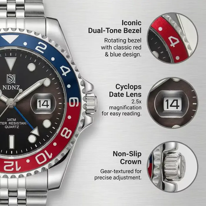 Montre à quartz NDNZ GMT avec lunette rotative 24H, bracelet en acier inoxydable, résistante à l'eau pour homme occasions spéciales