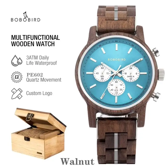 BOBOBIRD-Montre-bracelet en bois pour homme, montre-bracelet de sport japonaise, chronographe, calen