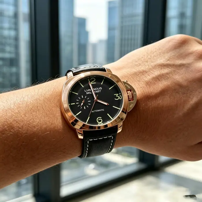 Montre classique homme cadran lumineux automatique militaire cuir véritable argent brun occasionnels élégance