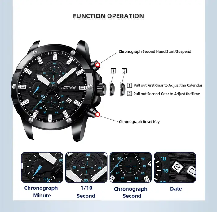 Montre-bracelet étanche CRRJU avec chronographe lumineux et calendrier complet pour homme style fashion et casual occasions spéciales